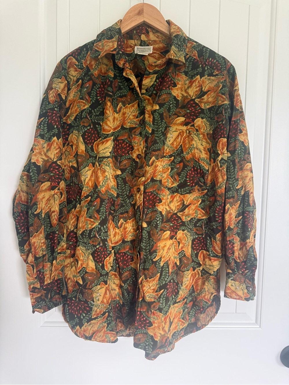 VTG Banana Republic Safari Travel Cotton Autumn Leaf Print Button Down Shirt L